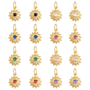 16Pcs 8 Colors Brass Micro Pave Cubic Zirconia Charms, with Jump Rings, Sun with Eye, Real 18K Gold Plated, Mixed Color, 12.5x10x2.7mm, Jump Rings: 5x0.8mm, Inner Diameter: 3mm, 2pcs/color