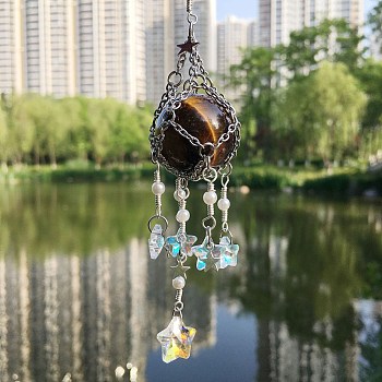 Glass Pendant Decoration, Suncatchers, with Titanium Steel Findings, Natural Tiger Eye Ball, 200~210mm
