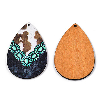 Single Face Printed Basswood Big Pendants, Teardrop Charm with Flower Pattern, White, 60x40x3mm, Hole: 2mm
