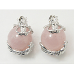 Natural Rose Quartz Pendants, with Brass Findings, Dragon with Round, Pink, 26~28x18~20mm, Hole: 5mm(G-H1527-6)