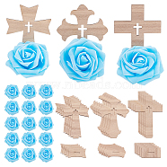 18Pcs 3 Styles Halloween Wooden Cross Ornament, Church Decoration, with 18Pcs Foam Artificial Rose Bouquet, Mixed Color, Cross: 105~113x73x3mm, 6pcs/style(DJEW-OC0001-41)