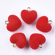 Flocky Acrylic Pendants, with Brass Loops, Heart, Golden, Red, 18.5x18x13mm, Hole: 2.5mm(FIND-T046-28-06)