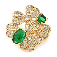 Brass Micro Pave Clear Cubic Zirconia with Glass Fold Over Clasps, Clover, Green, Real 18K Gold Plated, 21x20x11mm(KK-G505-09G)