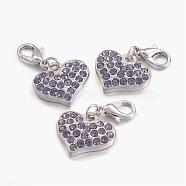 Alloy Rhinestone Pendants, Cadmium Free & Lead Free, Grade A, with Lobster Clasp, Heart, Platinum Metal Color, Tanzanite, 30x18x4mm(RB-C1386-A18P)