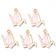 Alloy Enamel Pendants, Paper Crane, Light Gold, Pink, 21x15x1.5mm, Hole: 1.8mm(ENAM-R058-02B)