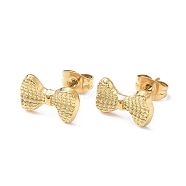 Ion Plating(IP) 304 Stainless Steel Grooved Bowknot Stud Earrings for Women, Golden, 12.8x8mm, Pin: 0.8mm(EJEW-I285-05G)