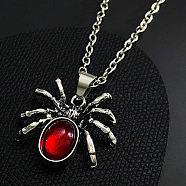 Halloween Spider Alloy Red Resin Pendant Necklaces, Antique Silver, 20.87 inch(53cm)(FS-WG5275D-01)