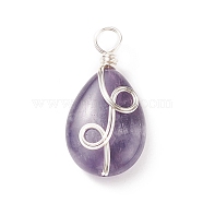 Natural Amethyst Pendants, with Silver Tone Eco-Friendly Copper Wire Wrapped, Teardrop Charm, 25.5x13x6.7mm, Hole: 3.4mm(PALLOY-JF01750-03)