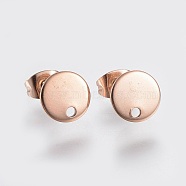 Ion Plating(IP) 304 Stainless Steel Stud Earring Findings, with Loop and Flat Plate, Ear Nuts/Earring Backs, Flat Round, Rose Gold, 8x1mm, Hole: 1.2mm, Pin: 0.8mm(STAS-K184-01-02RG)