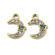 304 Stainless Steel Charms, with Aquamarine Rhinestone, Crescent Moon, Real 14K Gold Plated, 13.5x10x2mm, Hole: 1.8mm(X-STAS-L022-060G-01)