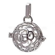 Rack Plating Brass Cage Pendants, For Chime Ball Pendant Necklaces Making, Hollow Round with Flower, Platinum, 25x25x20mm, Hole: 3.5x8mm, inner measure: 17mm(KK-S751-009P)