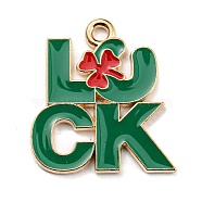 Saint Patrick's Day Alloy Enamel Pendants, Light Gold, Word Luck with Clover Charm, Green, 22x20x1.5mm, Hole: 2mm(ENAM-G222-01C-02)