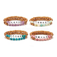 Natural Wood Round Beads Stretch Bracelets Sets, Natural Mixed Stone Beads Bracelet, Inspirational Word Acrylic Beads Bracelets for Women, Inner Diameter: 2-1/4 inch(5.7cm), 2pcs/set(BJEW-JB07347)