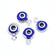 Handmade Evil Eye Lampwork Charms, with Brass Findings, Flat Round, Blue, Real Platinum Plated, 10x6.5x3mm, Hole: 1.5mm(KK-F764-13P-04)