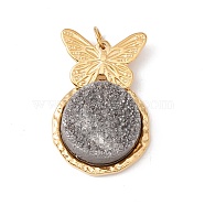 Electroplated Natural Druzy Quartz Pendants, with Ion Plating(IP) 304 Stainless Steel Findings, Hematite Plated, Butterfly & Circle, Golden, 29mm, Jump Ring: 5x0.6mm, 3.8mm Inner Diameter(G-K243-03G)