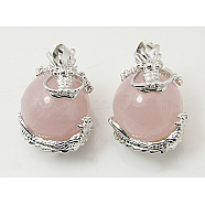 Natural Rose Quartz Pendants, with Brass Findings, Dragon with Round, Pink, 27x22mm, Hole: 5mm(G-H1527-6)