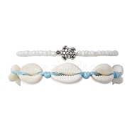 2Pcs 2 Style Glass Seed & Alloy Turtle Beaded Stretch Bracelets Set, Natural Shell Braided Bead Bracelets for Women, White, Inner Diameter: 1-7/8~3-1/4 inch(4.7~8.2cm), 1Pc/style(BJEW-JB09707)