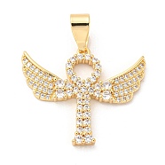 Brass Micro Pave Cubic Zirconia Pendants, Long-Lasting Plated, Angel, Golden, 27.5x33x3.5mm, Hole: 9.5x4.5mm(KK-P250-02G)