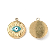 Vacuum Plating 201 Stainless Steel Enamel Pendants, Flat Round with Evil Eye Charm, Real 18K Gold Plated, 12.5x10.5x2.5mm, Hole: 1.2mm(STAS-C064-VC816)