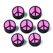 Handmade Polymer Clay Beads, Flat Round with Peace Sign, Hot Pink, 9~10x4.5mm, Hole: 1.6mm(CLAY-N007-006-02)