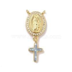 Brass Charms, with Shell, Cadmium Free & Lead Free, Long-Lasting Plated, Oval with Saint & Cross, Real 18K Gold Plated, Light Steel Blue, 30mm, Hole: 1.5mm(KK-B059-53G-A)