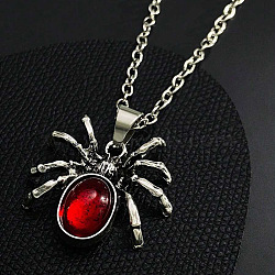 Halloween Spider Alloy Red Resin Pendant Necklaces, Antique Silver, 20.87 inch(53cm)(FS-WG5275D-01)