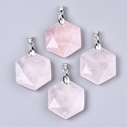 Natural Rose Quartz Pendants, with Platinum Tone Brass Pinch Bail, Faceted, Hexagon, 42.5x29.5x7.5~8.5mm, Hole: 3x5mm(G-T131-27E)