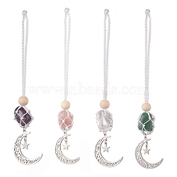 Moon 201 Stainless Steel Pendant Decorations, Wood Beads and Gemstones Nuggets Beads Nylon Thread Hanging Ornament, 165~171mm(HJEW-JM00958)