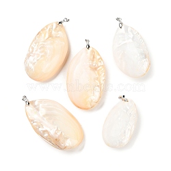 Natural Freshwater Shell Big Pendants, Oval Charms with Metal Pinch Bails, Moccasin, 50.5~63x30.5~38x15.5~19.5mm, Hole: 5.5x4mm(BSHE-Z003-40P)