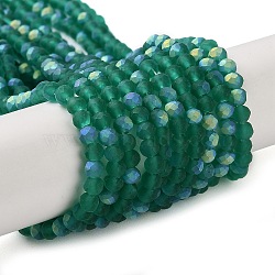 Imitation Jade Glass Beads Strands, Half AB Color Plated, Faceted, Frosted, Rondelle, Dark Green, 3.5x3mm, Hole: 1mm, about 117pcs/strand, 13.66''~13.90''(34.7~35.3cm)(EGLA-A034-T3mm-MB18)