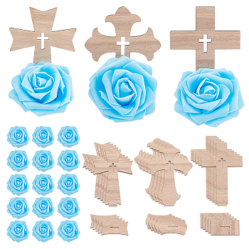 18Pcs 3 Styles Halloween Wooden Cross Ornament, Church Decoration, with 18Pcs Foam Artificial Rose Bouquet, Mixed Color, Cross: 105~113x73x3mm, 6pcs/style