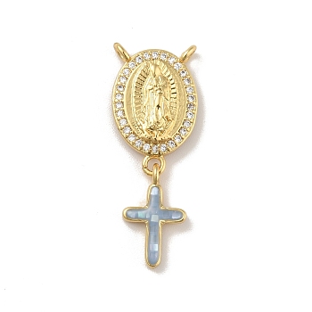 Brass Charms, with Shell, Cadmium Free & Lead Free, Long-Lasting Plated, Oval with Saint & Cross, Real 18K Gold Plated, Light Steel Blue, 30mm, Hole: 1.5mm