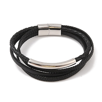 Braided Microfiber Leather Multi-strand Bracelets, 304 Stainless Steel Tube Bracelets for Men, Stainless Steel Color, 8-1/2x5/8 inch(21.5x1.5cm)