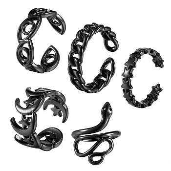 5Pcs 5 Style Spray Painted Brass Cuff Rings, Open Rings, Star & Evil Eye & Curb Chain & Moon & Star & Snake, Black, 16~19mm, Inner Diameter: 2~25mm, 1pc/style