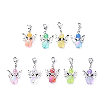 Eco-Friendly Transparent Acrylic Pendants, with Platinum Tone Tibetan Style Alloy Beads and 304 Stainless Steel Lobster Claw Clasps, Angel & Fairy, Colorful, 32mm, 9pcs/set