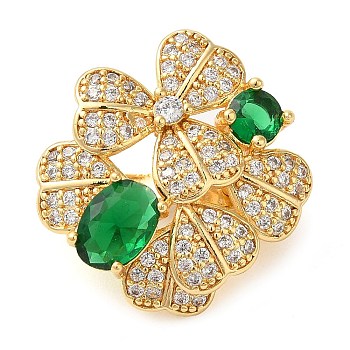 Brass Micro Pave Clear Cubic Zirconia with Glass Fold Over Clasps, Clover, Green, Real 18K Gold Plated, 21x20x11mm