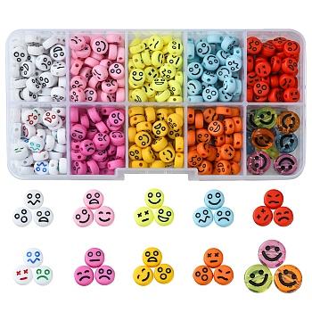 10 Colors Opaque Acrylic Beads, Flat Round with Expression, Mixed Color, 7x4mm, Hole: 1.6mm