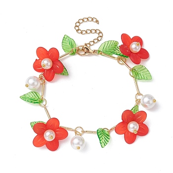 Acrylic Flower & Glass Pearl Charm Bracelets, with Brass Chains, Red, 6-7/8~7-1/8 inch(17.5~18cm)