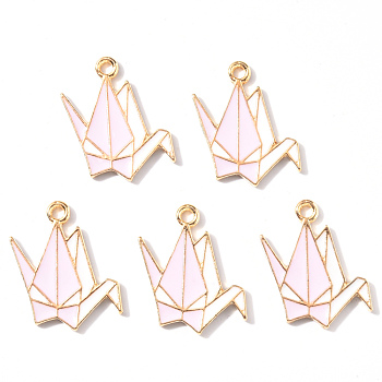 Alloy Enamel Pendants, Paper Crane, Light Gold, Pink, 21x15x1.5mm, Hole: 1.8mm