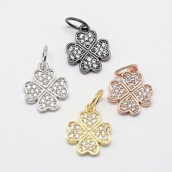 CZ Brass Micro Pave Cubic Zirconia Clover Charms, Mixed Color, 13x11x2mm, Jump Ring: 6x0.7mm