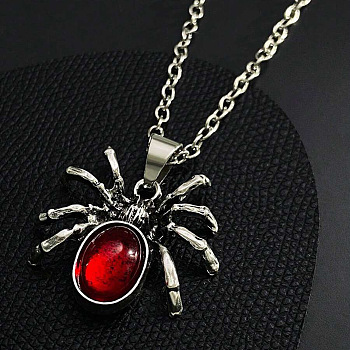 Halloween Spider Alloy Red Resin Pendant Necklaces, Antique Silver, 20.87 inch(53cm)