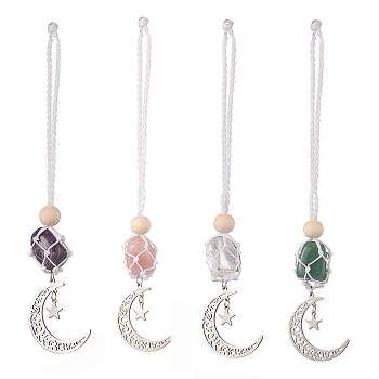Moon 201 Stainless Steel Pendant Decorations, Wood Beads and Gemstones Nuggets Beads Nylon Thread Hanging Ornament, 165~171mm