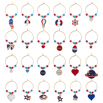 24Pcs 24 Style Independence Day Theme Alloy Enamel Wine Glass Charms, Goblet Marker, with Brass Wine Glass Charm Rings, Golden, 38~52mm, 1pc/style