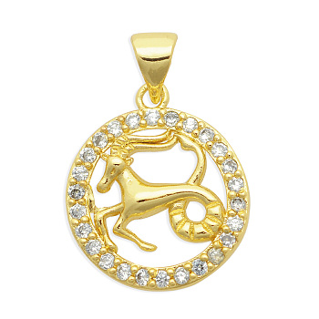Brass Micro Pave Clear Cubic Zirconia Pendants, Cadmium Free & Nickel Free & Lead Free, Light Gold, Flat Round with 12 Constellations, Capricorn, 18.5x16x3~4mm, Hole: 3.5x5mm