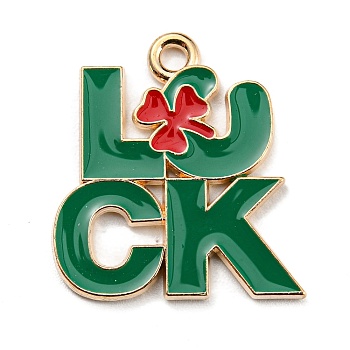 Saint Patrick's Day Alloy Enamel Pendants, Light Gold, Word Luck with Clover Charm, Green, 22x20x1.5mm, Hole: 2mm