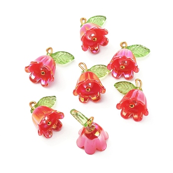 Opaque Resin Pendants, Bell Orchid Flower Charms with Leaf, with Golden Tone Iron Findings, Red, 14x13x10.5mm, Hole: 3x2mm