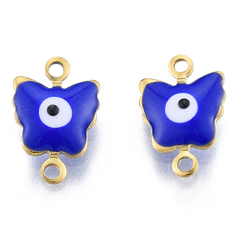 304 Stainless Steel Enamel Connector Charms, Real 18K Gold Plated, Butterfly with Evil Eye Charm, Medium Blue, 12.5x8.5x3mm, Hole: 1.2mm
