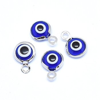 Handmade Evil Eye Lampwork Charms, with Brass Findings, Flat Round, Blue, Real Platinum Plated, 10x6.5x3mm, Hole: 1.5mm