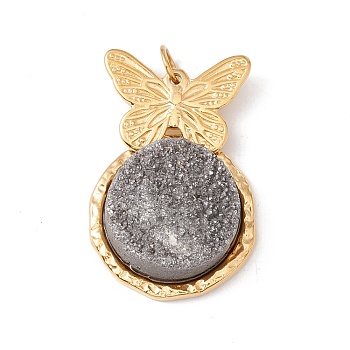 Electroplated Natural Druzy Quartz Pendants, with Ion Plating(IP) 304 Stainless Steel Findings, Hematite Plated, Butterfly & Circle, Golden, 29mm, Jump Ring: 5x0.6mm, 3.8mm Inner Diameter