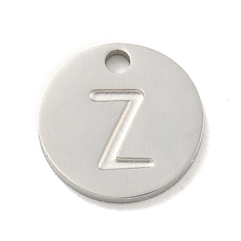 304 Stainless Steel Pendants, Laser Cut, Flat Round with Letter Charm, Stainless Steel Color, Letter Z, 10x1mm, Hole: 1.4mm